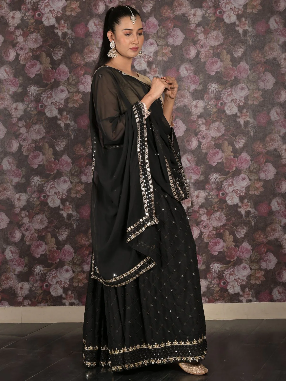 Odette Black Semi Stitched Sequins Embroidered Lehenga with Unstitched Blouse And Dupatta For Women - Image 3