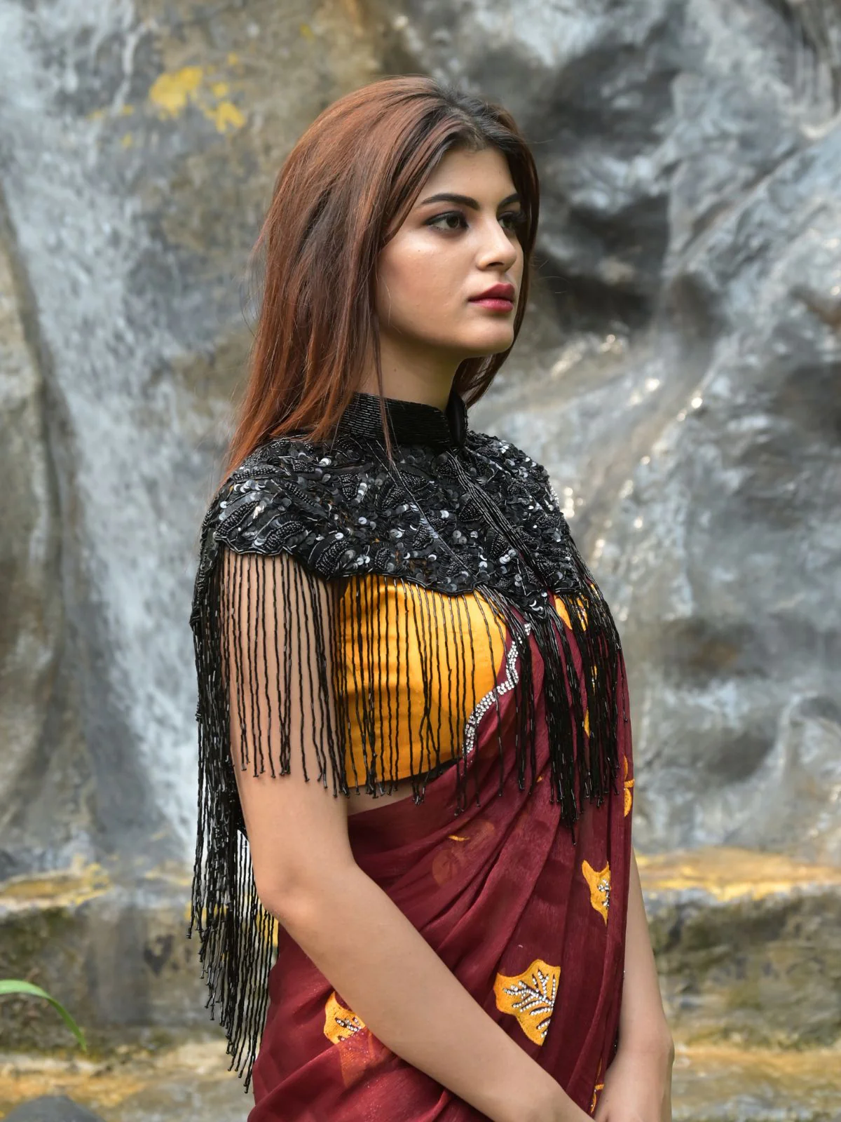 Odette Black Sequins and Beads Embellished Tassels Cape for Women - Image 2