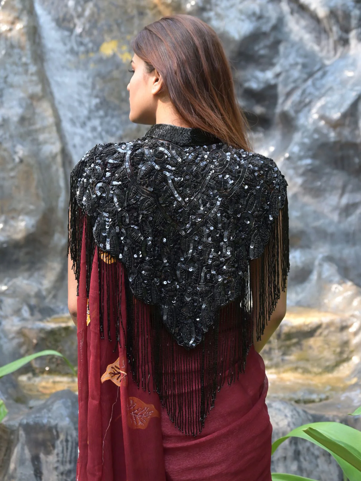Odette Black Sequins and Beads Embellished Tassels Cape for Women - Image 3