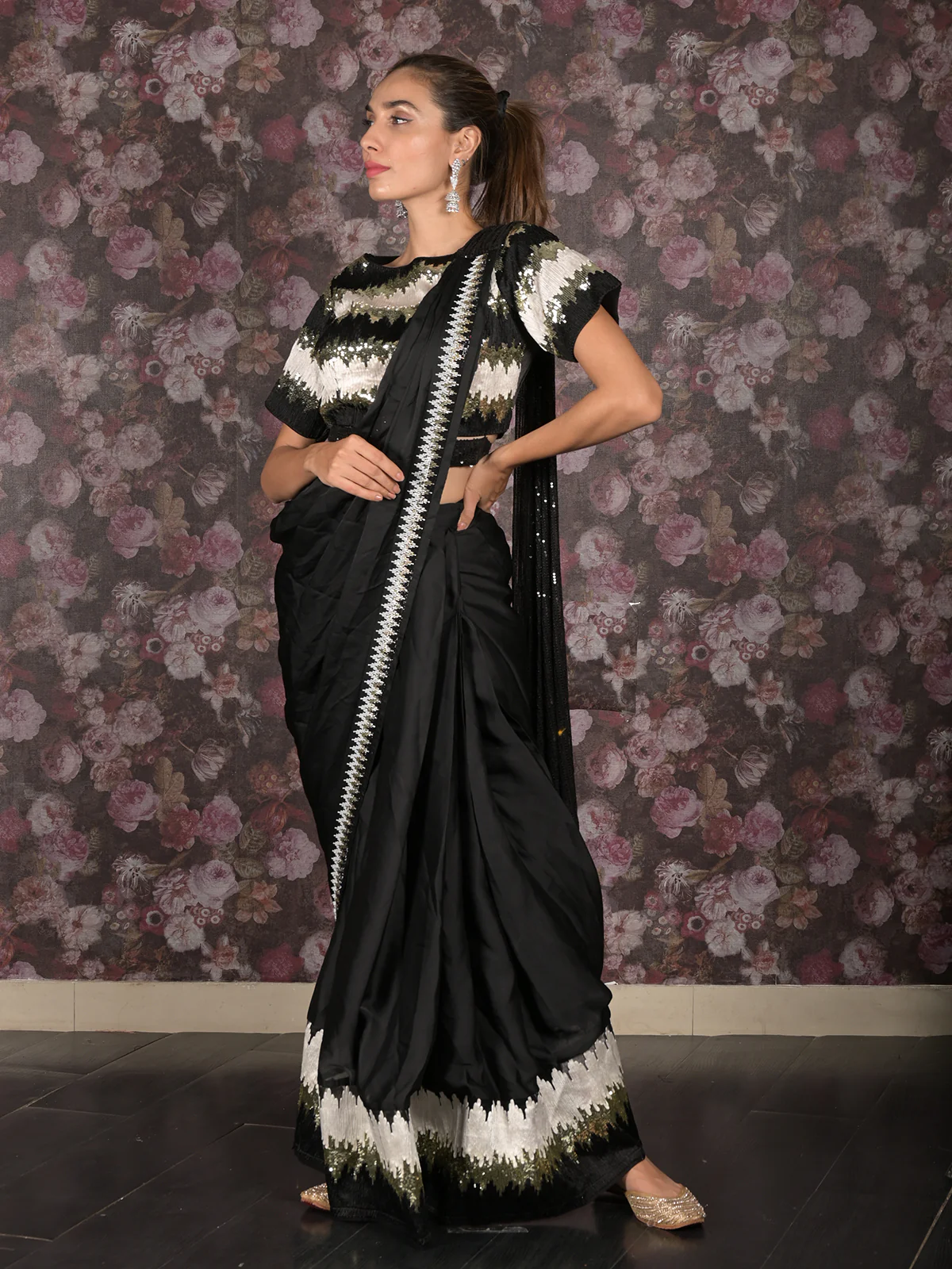 Odette Black Sequins Embroidered Crepe Ready-to-Wear Saree with Stitched Blouse for Women - Image 2