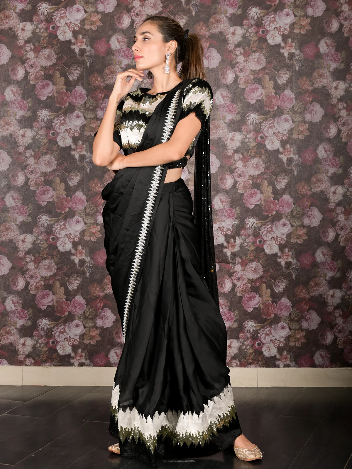 Odette Black Sequins Embroidered Crepe Ready-to-Wear Saree with Stitched Blouse for Women - Image 3