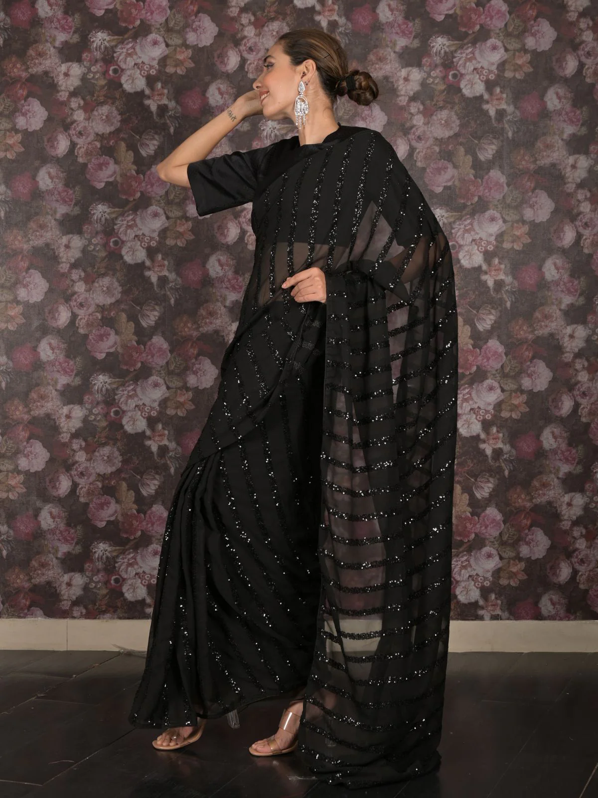 Odette Black Sequins Embroidered Georgette Saree for Women - Image 3