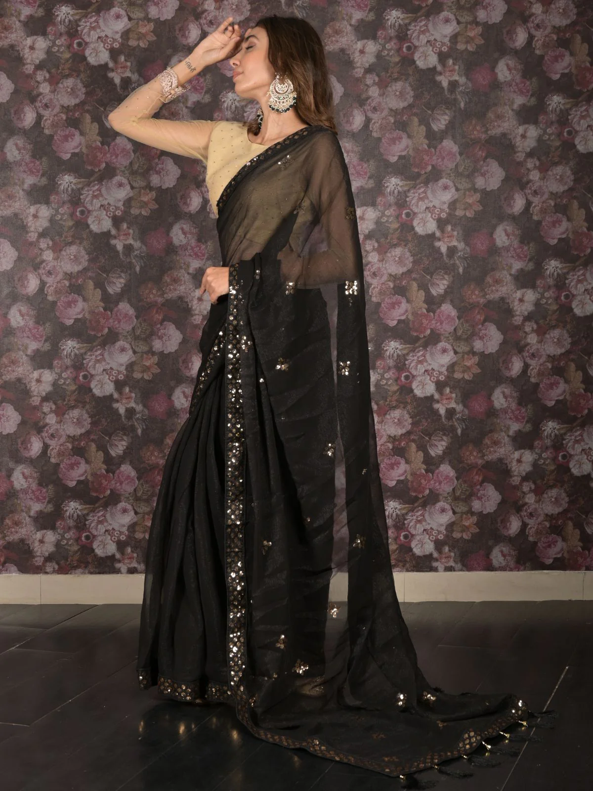 Odette Black Sequins Embroidered Poly Georgette Saree with Unstitched Blouse for Women - Image 3