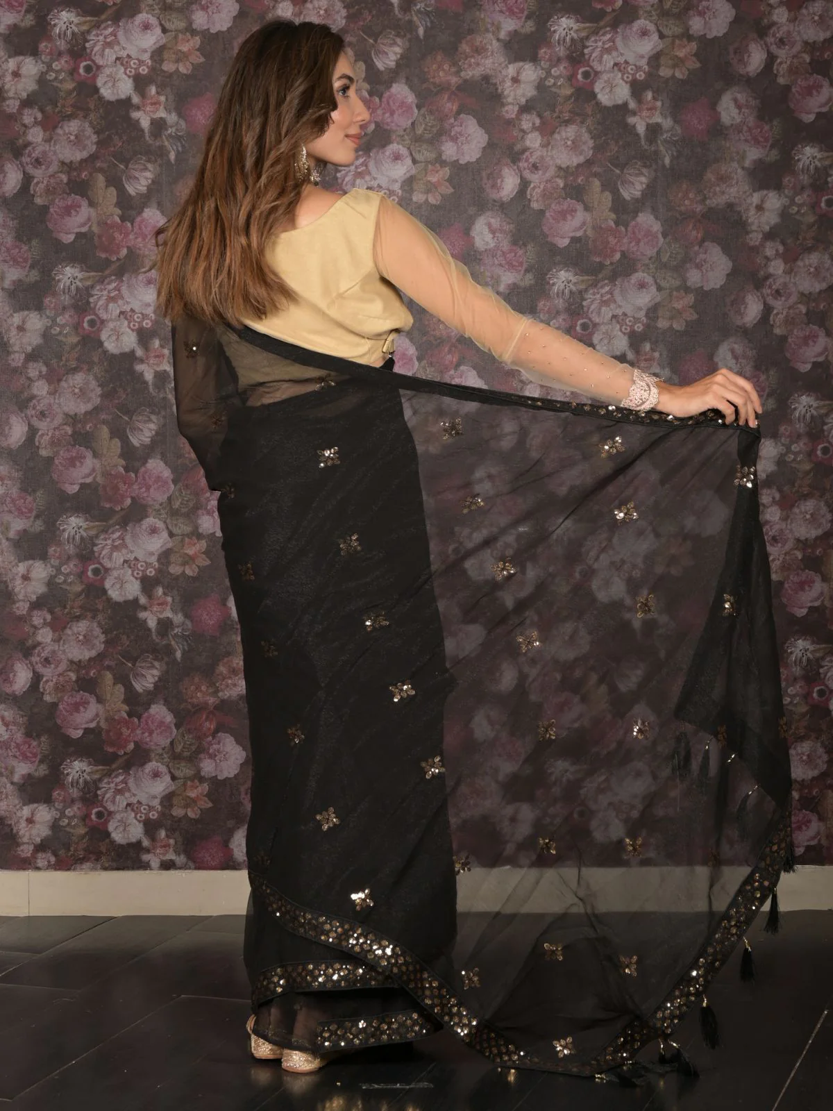 Odette Black Sequins Embroidered Poly Georgette Saree with Unstitched Blouse for Women - Image 4