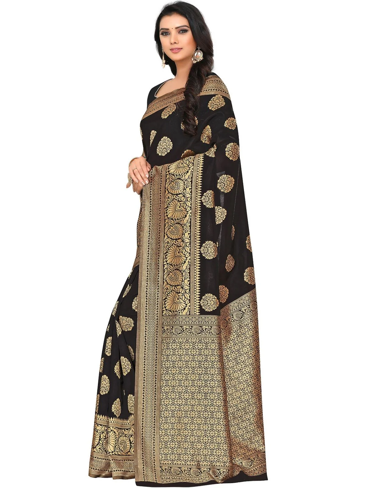 Odette Black Silk Blend Embellished Saree For Women - Image 2
