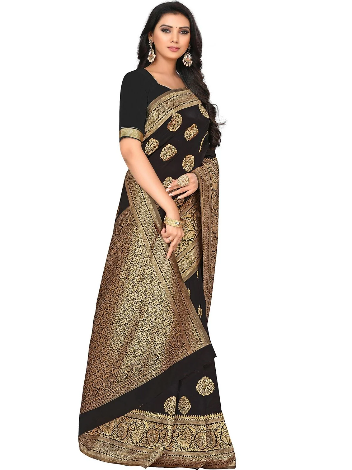 Odette Black Silk Blend Embellished Saree For Women - Image 3