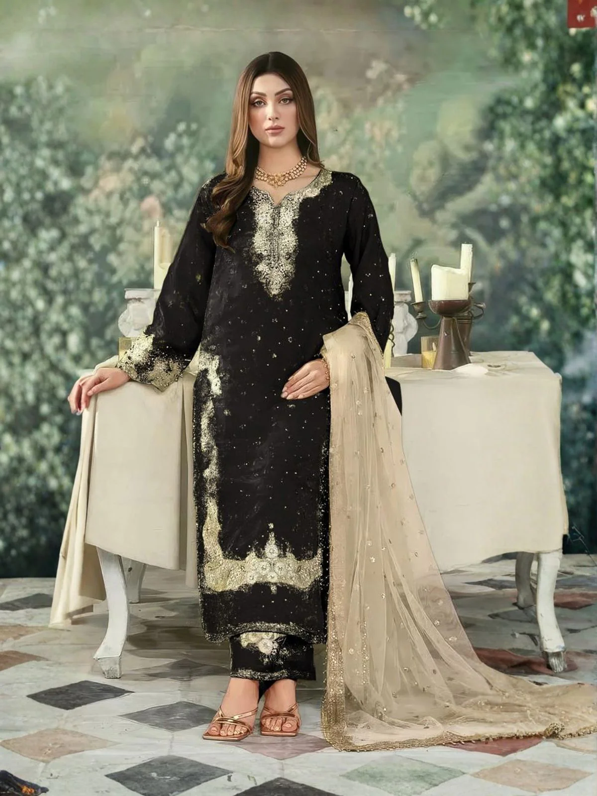 Odette Black Silk Blend Embellished Semi Stitched Kurta Set For Women