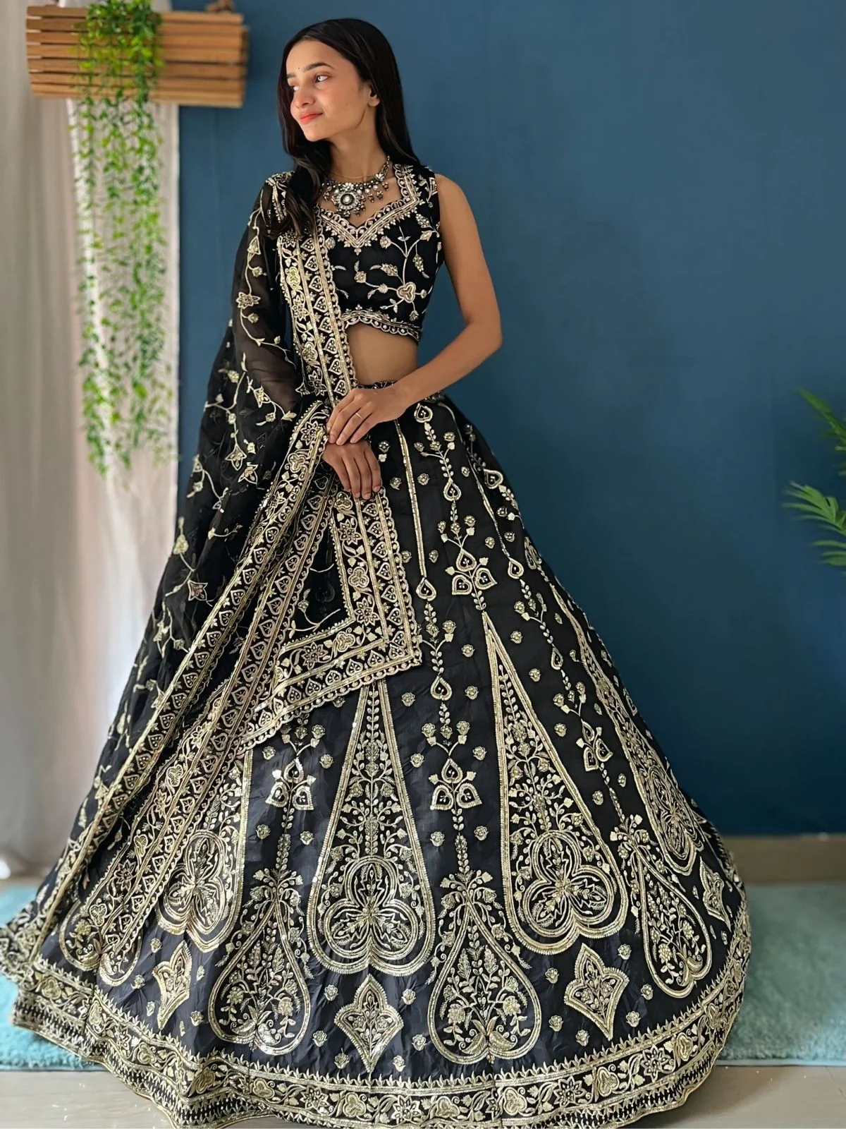 Odette Black Silk Blend Embellished Semi Stitched Lehenga For Women - Image 2