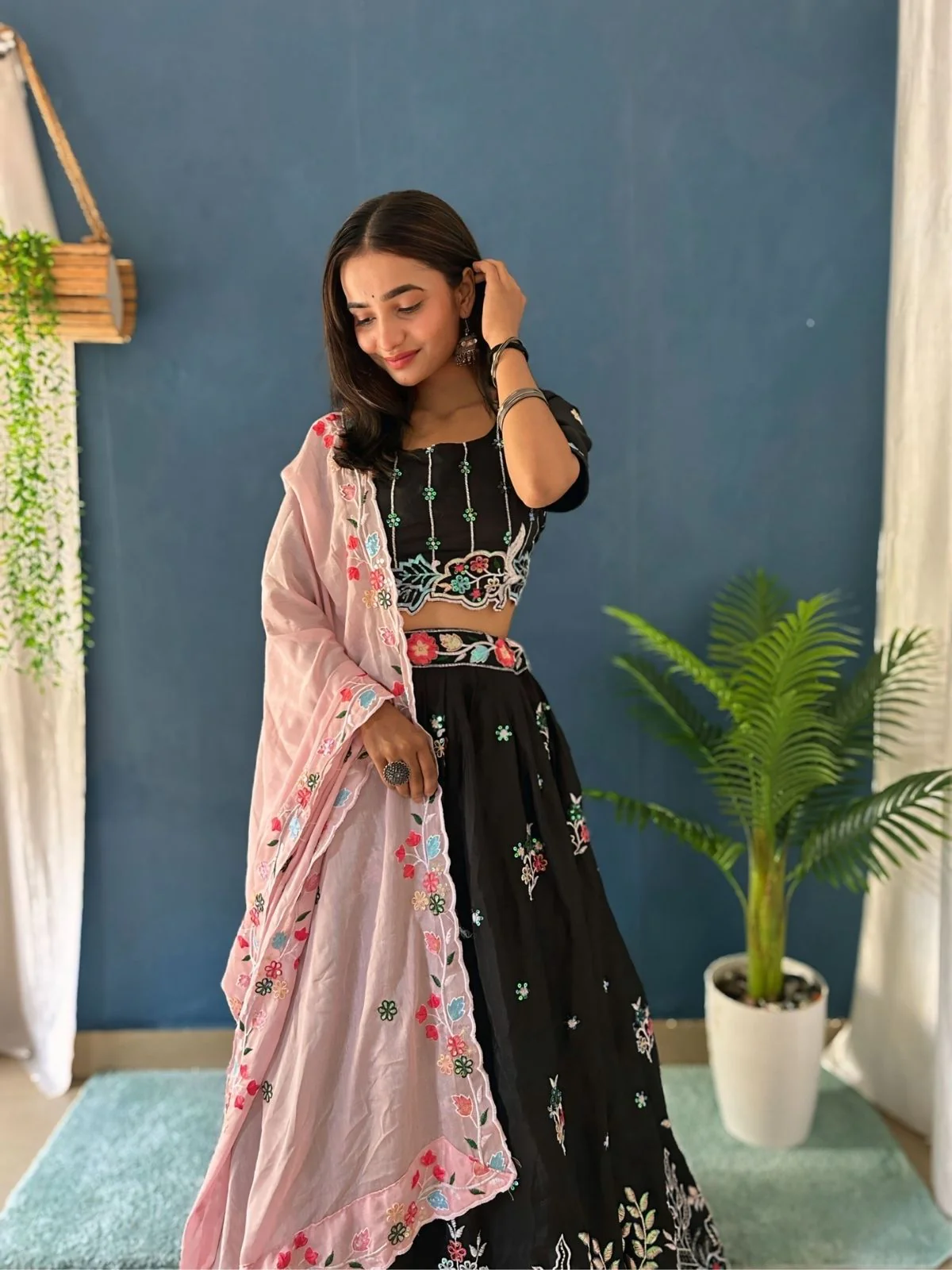 Odette Black Silk Blend Embellished Semi Stitched Lehenga For Women - Image 3