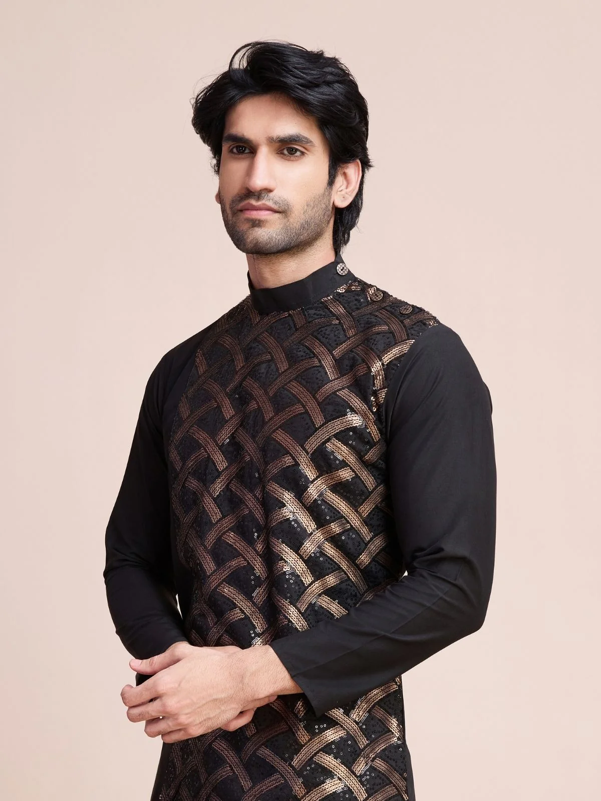 Odette Black Silk Blend Embellished Stitched Kurta With Pant For Men - Image 5