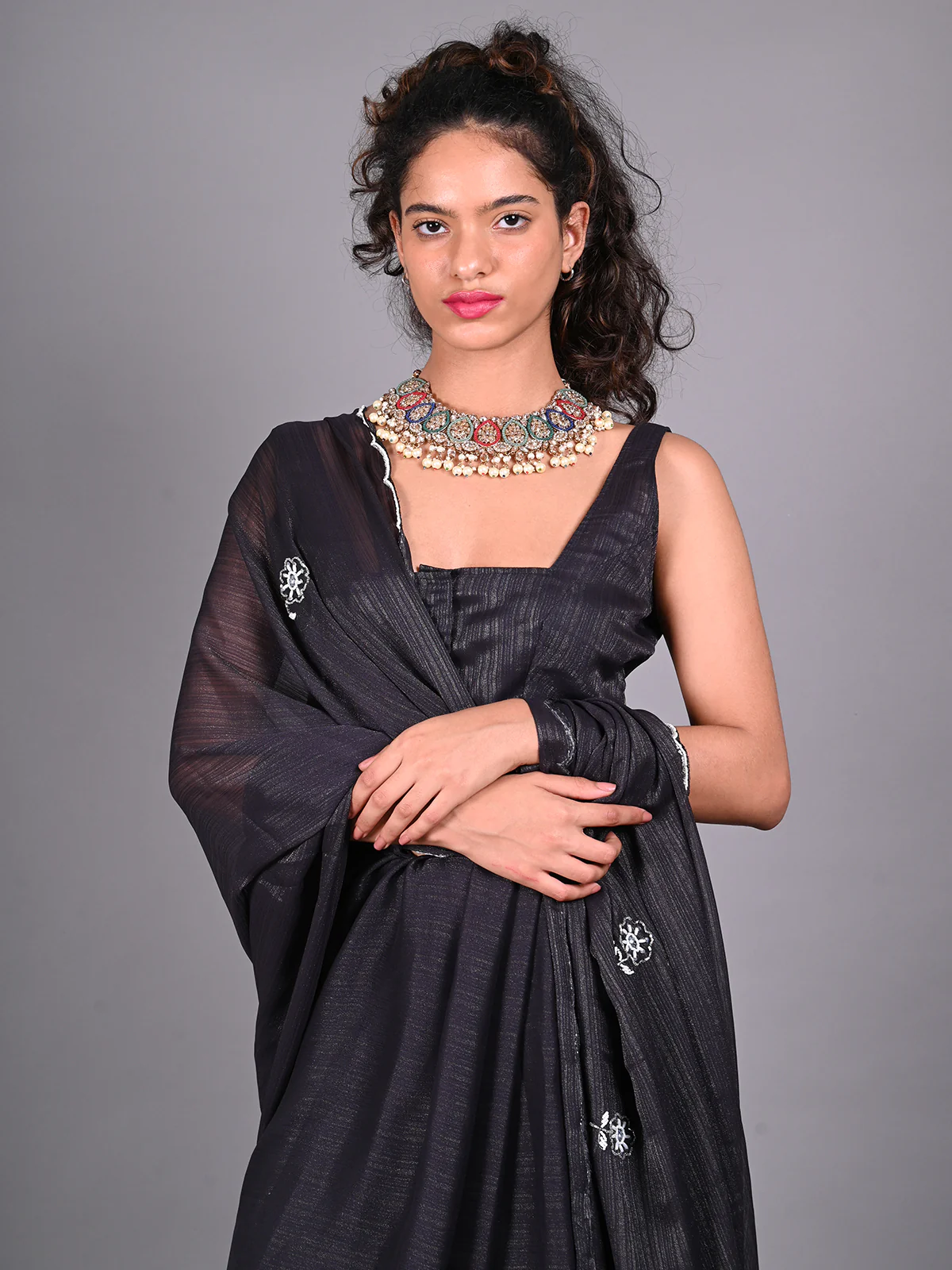 Odette Black Silk Blend Embroidered Saree For Women - Image 4