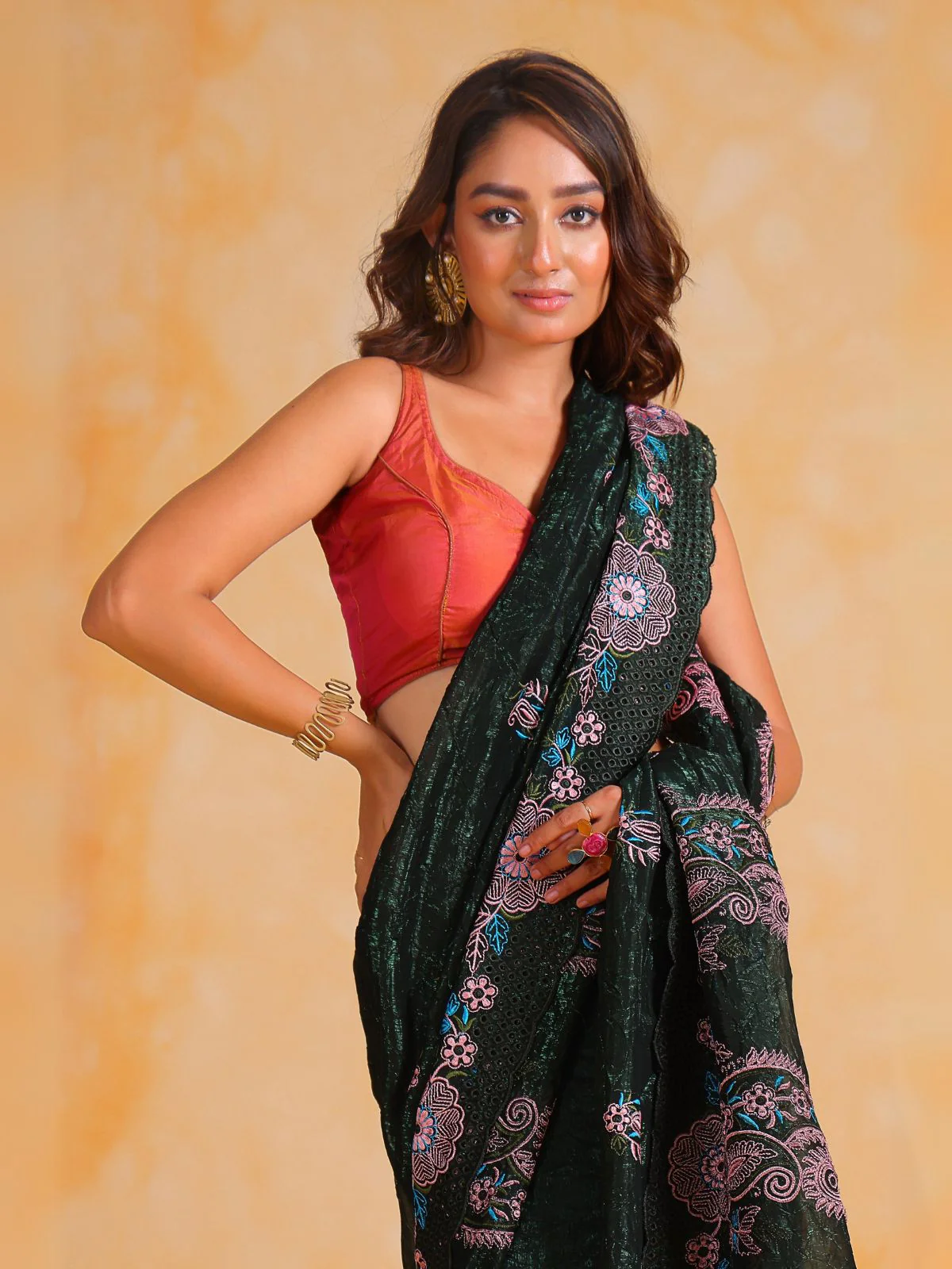 Odette Black Silk Blend Embroidered Saree With Unstitched Blouse For Women - Image 3
