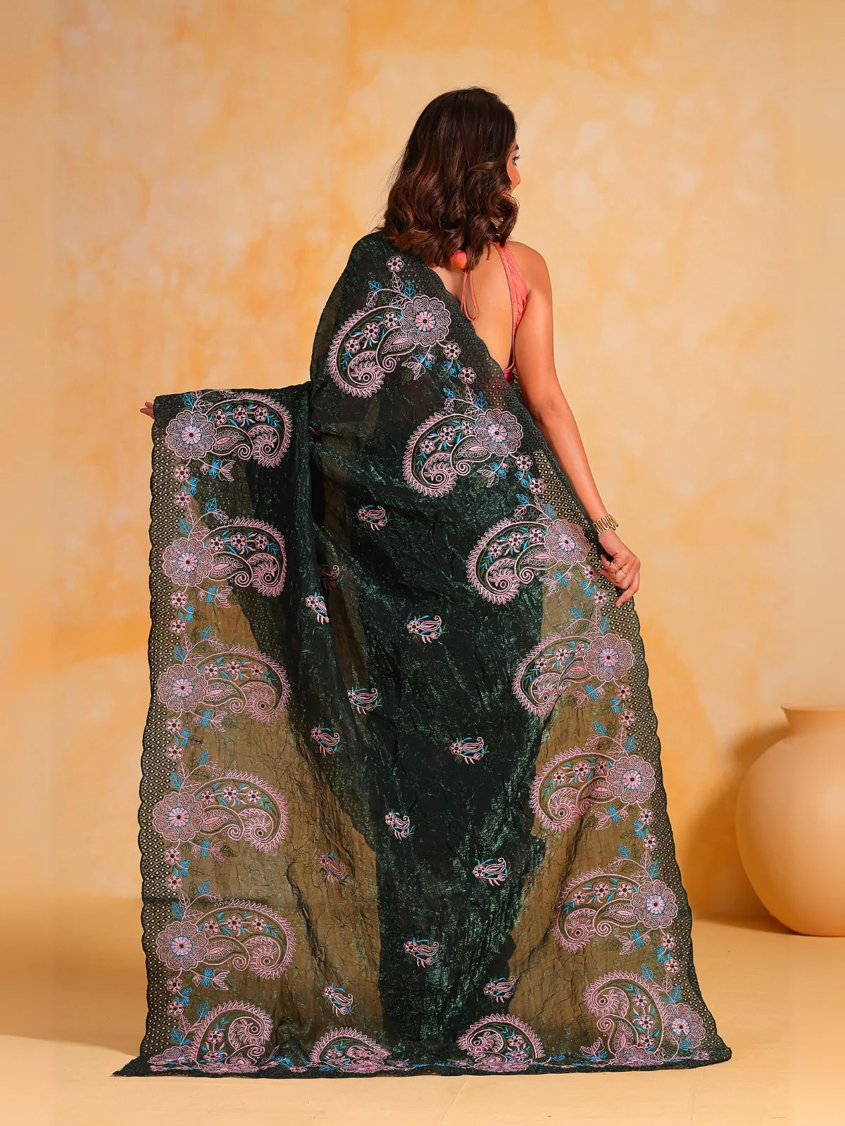 Odette Black Silk Blend Embroidered Saree With Unstitched Blouse For Women - Image 4