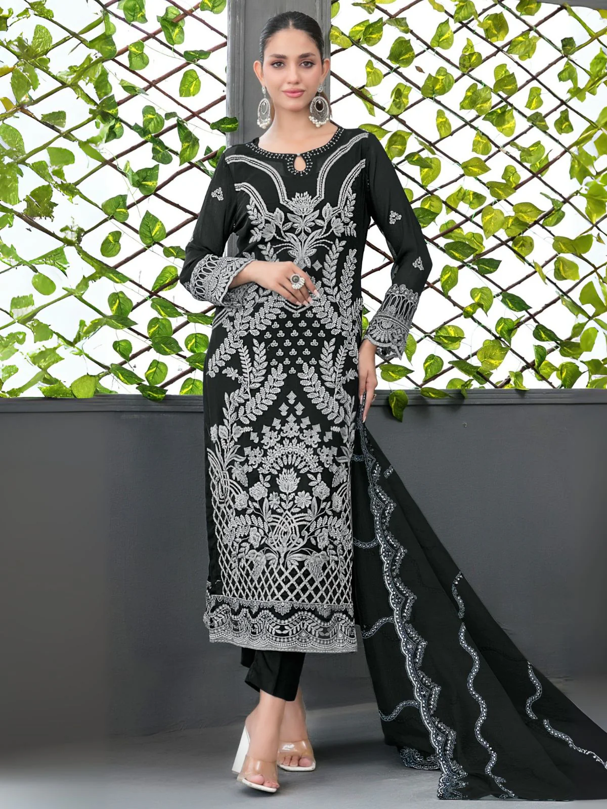 Odette Black Silk Blend Embroidered Semi-Sitched Kurta Set For Women