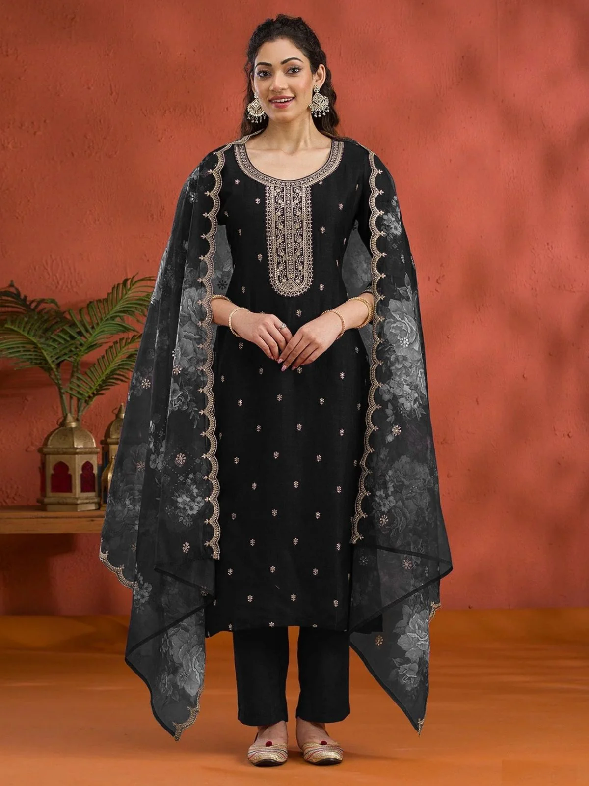 Odette Black Silk Blend Embroidered Semi-Sitched Kurta Set For Women