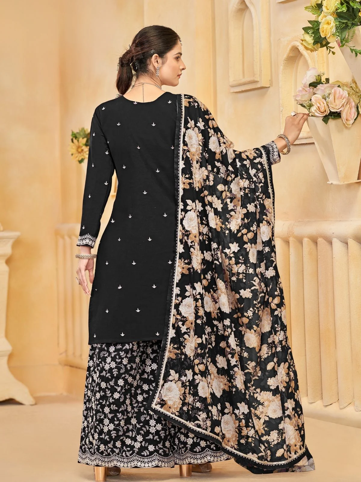 Odette Black Silk Blend Embroidered Semi-Stiched Kurta Set For Women - Image 3