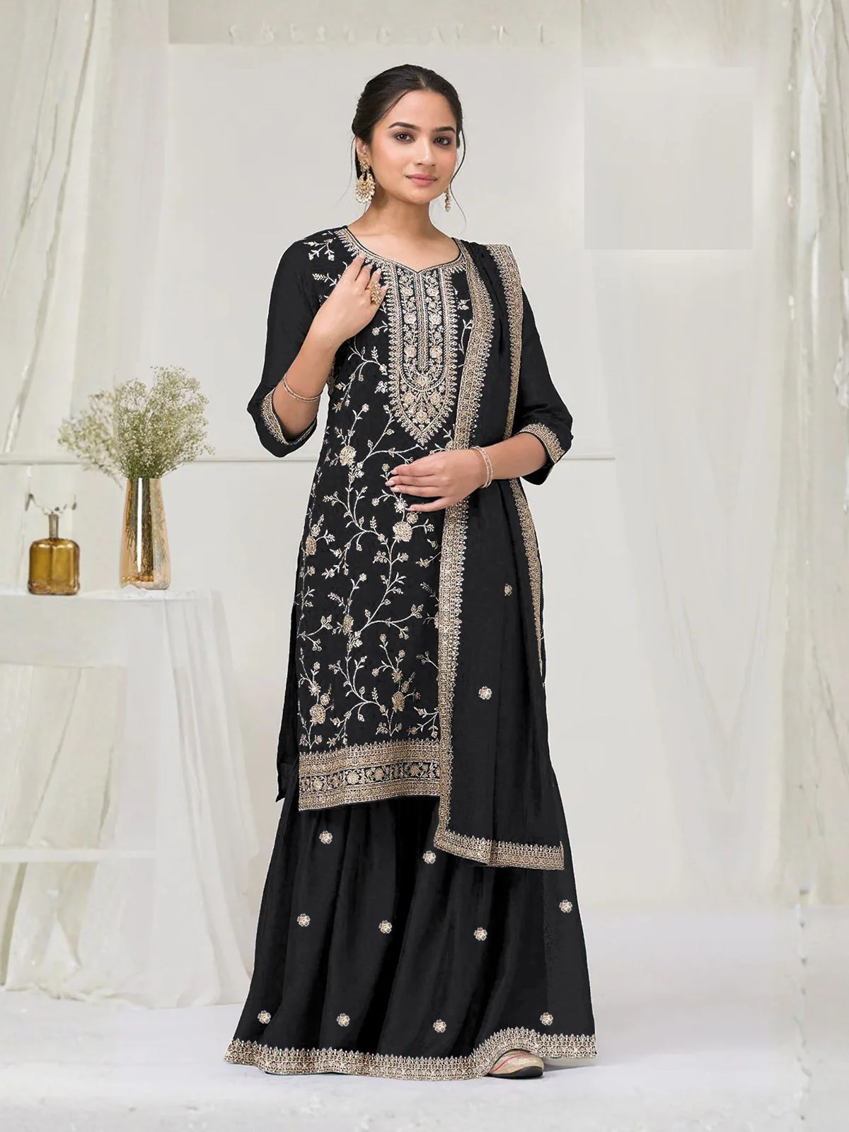 Odette Black Silk Blend Embroidered Semi-Stitched Kurta Set For Women