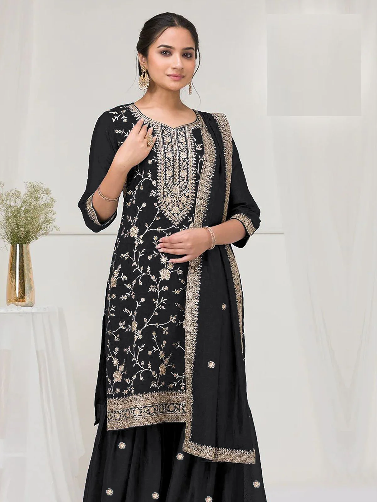 Odette Black Silk Blend Embroidered Semi-Stitched Kurta Set For Women - Image 2