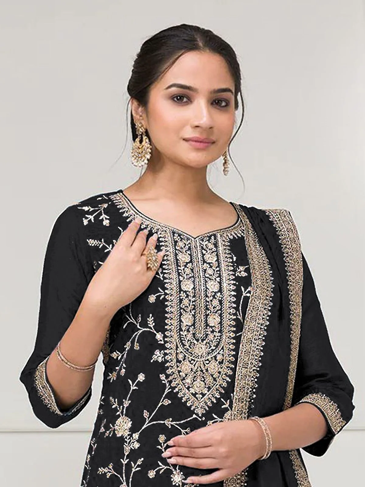 Odette Black Silk Blend Embroidered Semi-Stitched Kurta Set For Women - Image 3