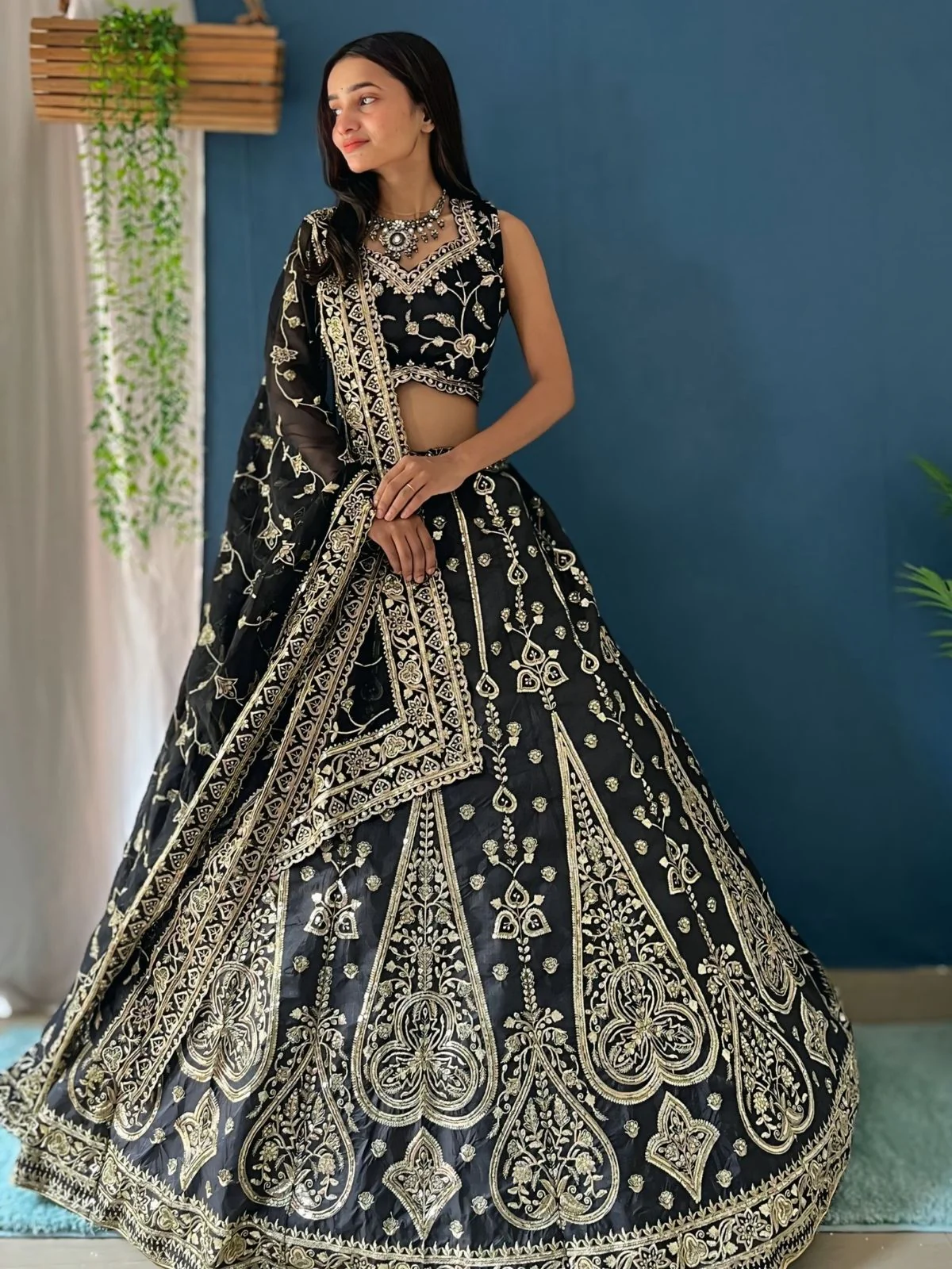 Odette Black Silk Blend Embroidered Semi-Stitched lehenga For Women - Image 2