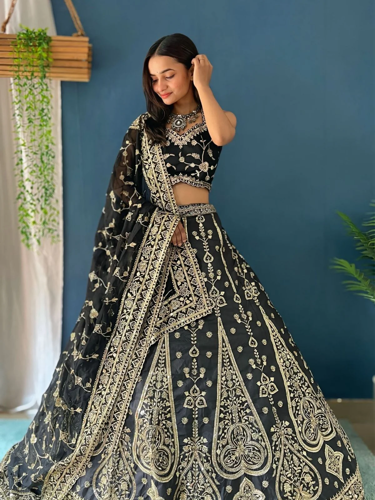 Odette Black Silk Blend Embroidered Semi-Stitched lehenga For Women - Image 3