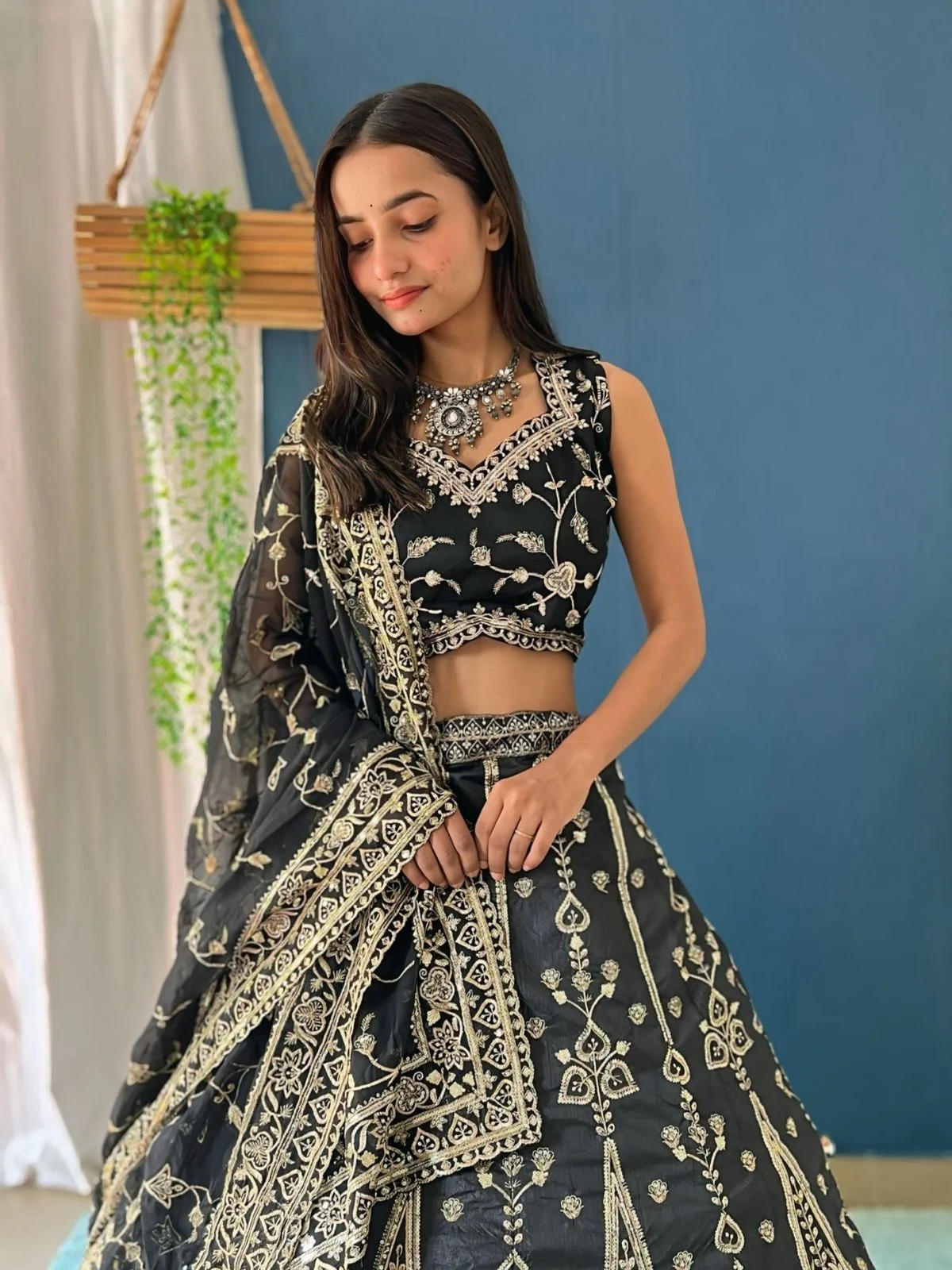 Odette Black Silk Blend Embroidered Semi-Stitched lehenga For Women - Image 4