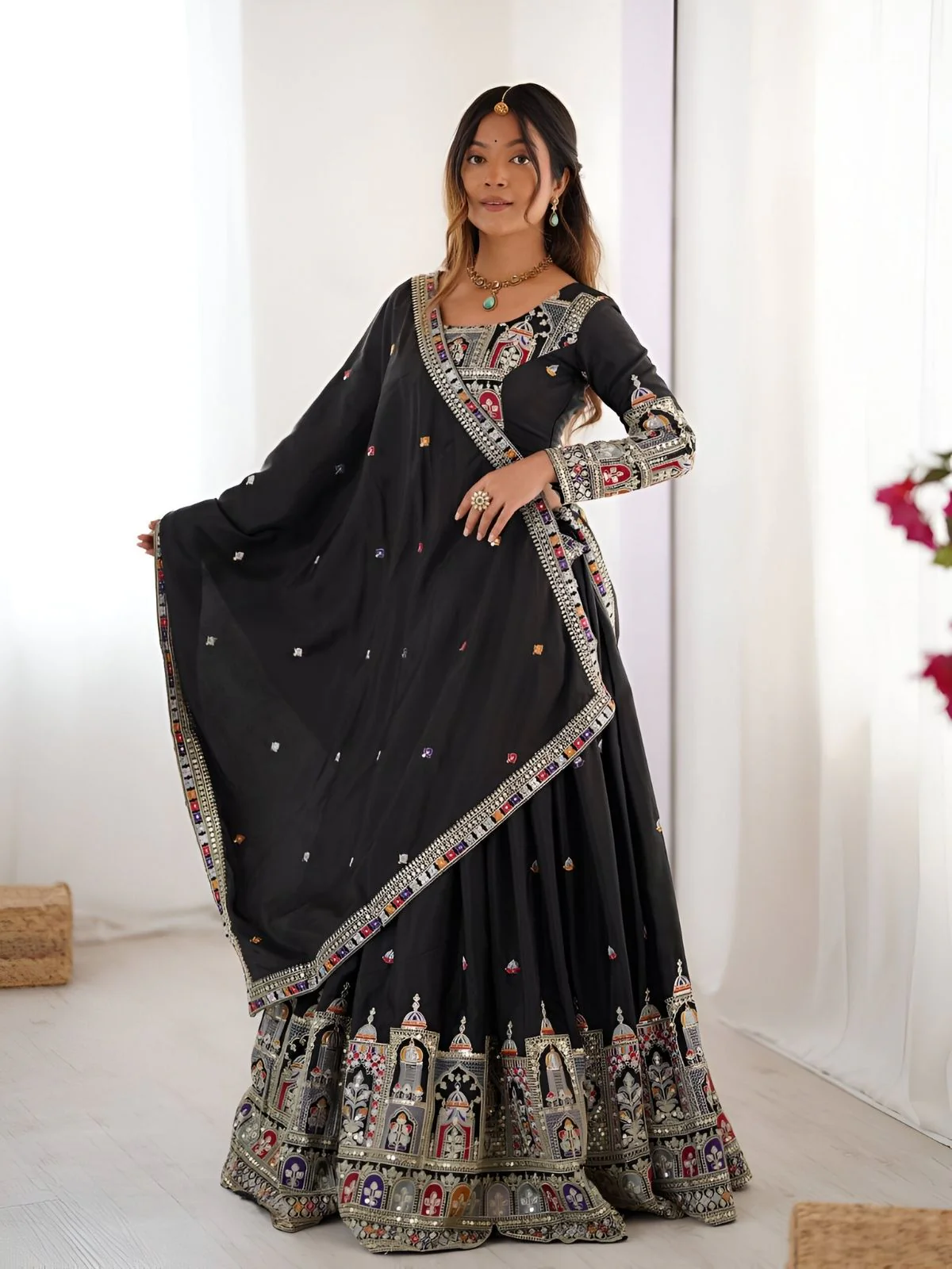 Odette Black Silk Blend Embroidered Semi-Stitched lehenga For Women - Image 2