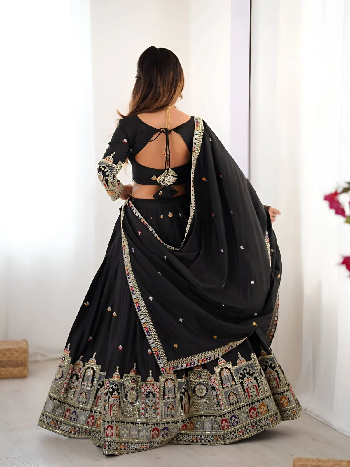 Odette Black Silk Blend Embroidered Semi-Stitched lehenga For Women - Image 4