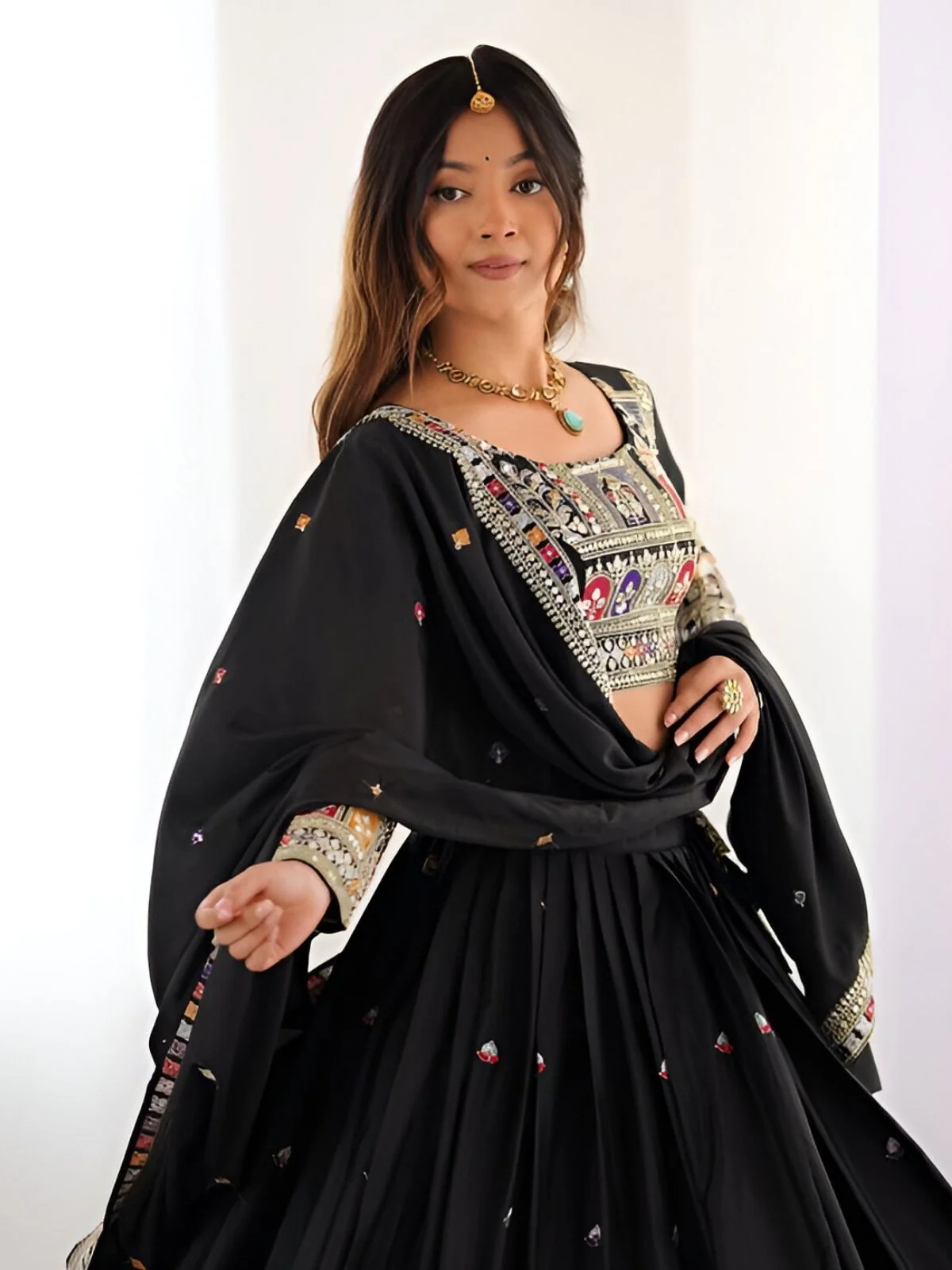 Odette Black Silk Blend Embroidered Semi-Stitched lehenga For Women - Image 6