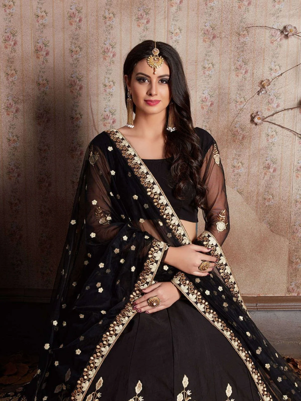 Odette Black Silk Blend Embroidered Semi-Stitched lehenga For Women - Image 4
