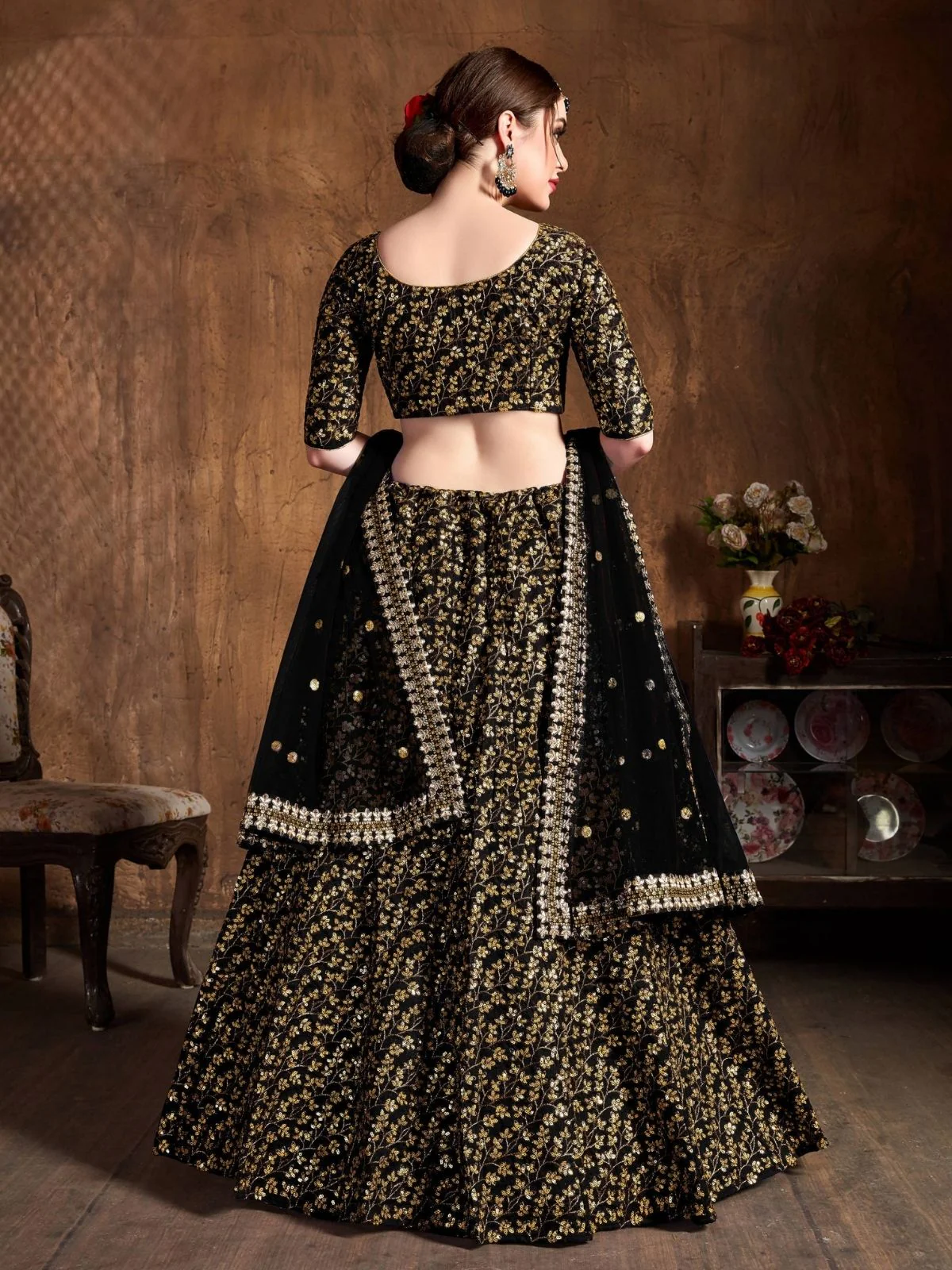 Odette Black Silk Blend Embroidered Semi Stitched Lehenga With Blouse For Women - Image 3