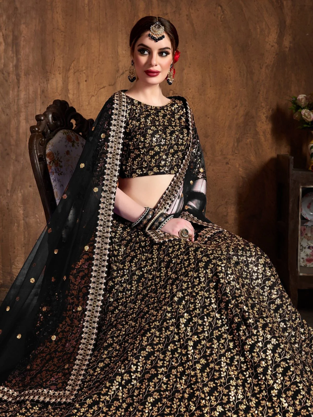 Odette Black Silk Blend Embroidered Semi Stitched Lehenga With Blouse For Women - Image 4