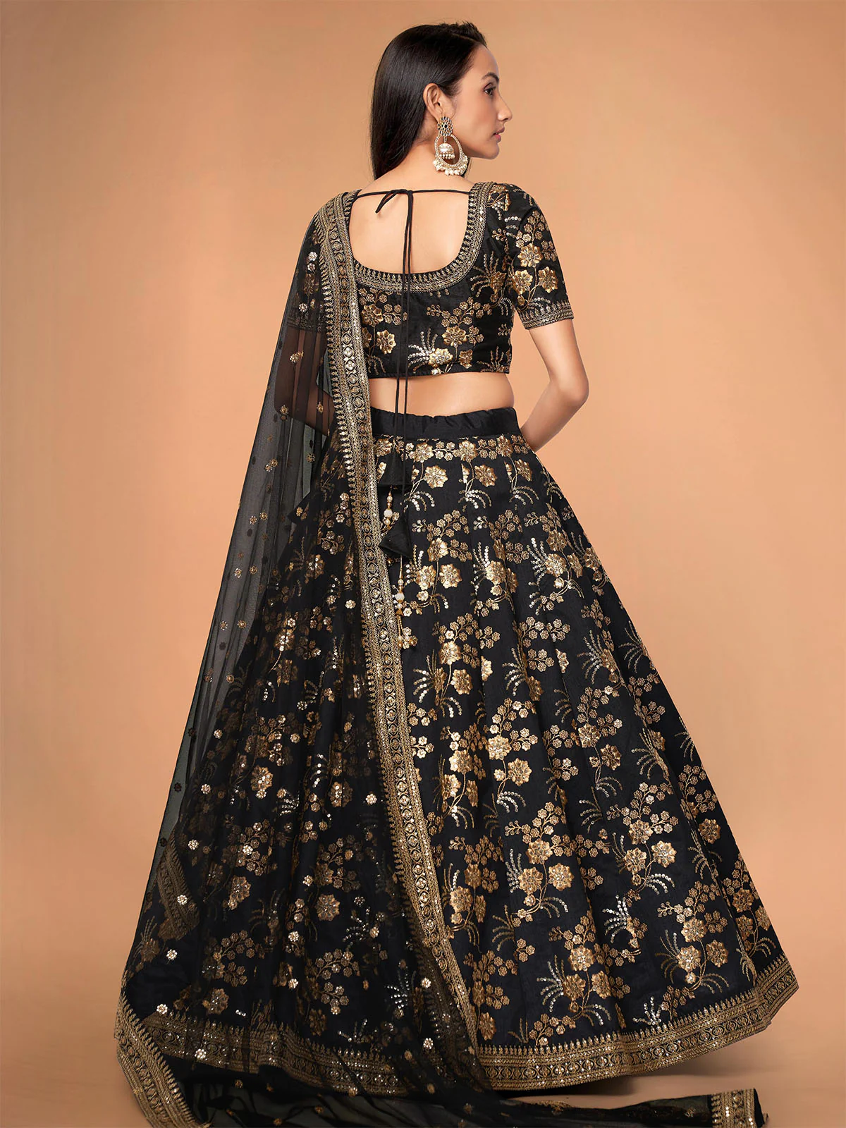 Odette Black Silk Blend Embroidered Semi Stitched Lehenga With Unstitched Blouse For Women - Image 3