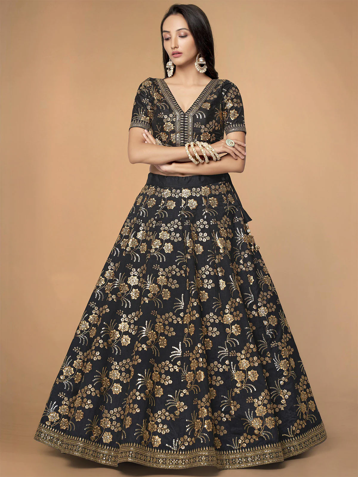 Odette Black Silk Blend Embroidered Semi Stitched Lehenga With Unstitched Blouse For Women - Image 4
