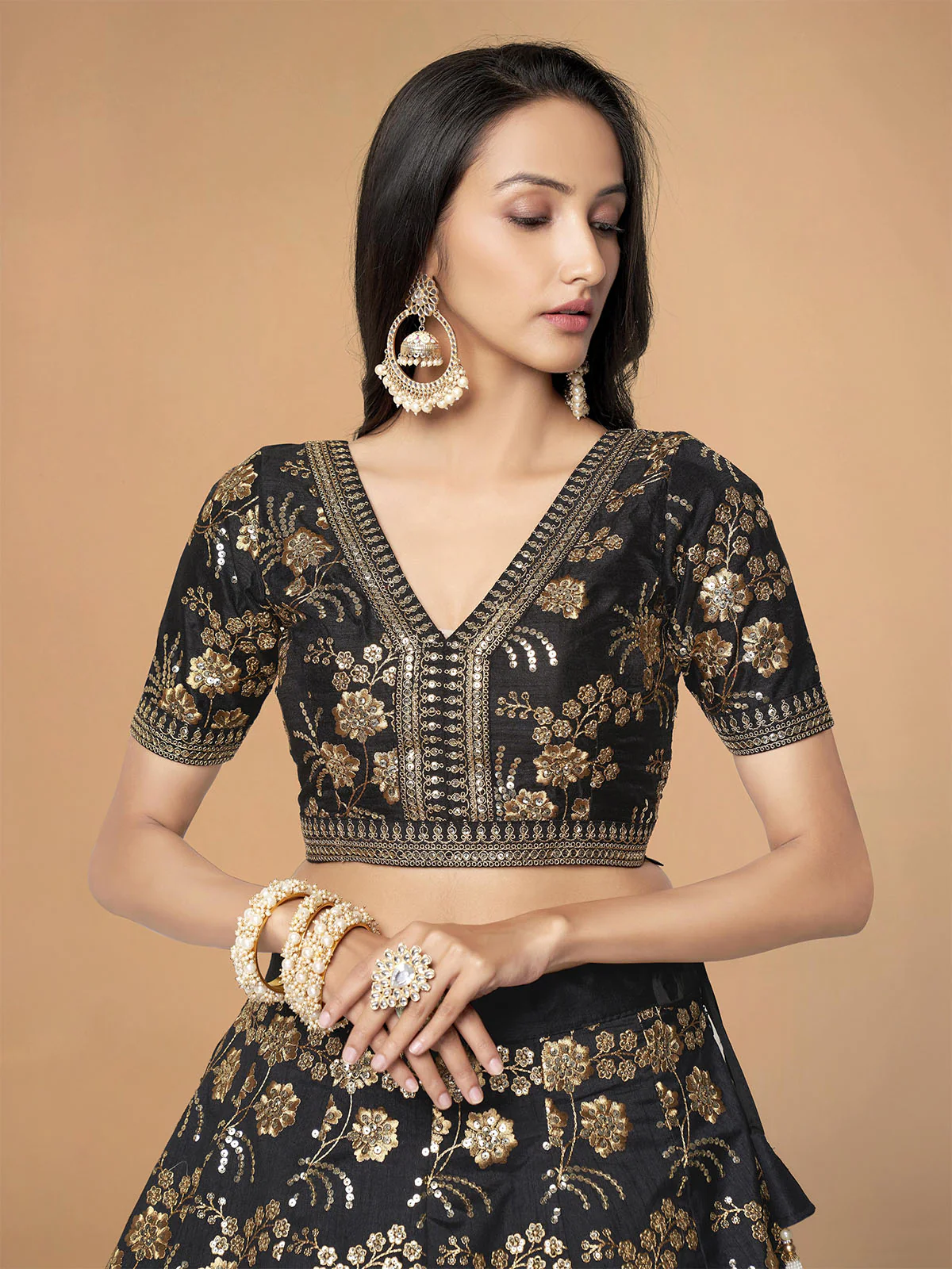 Odette Black Silk Blend Embroidered Semi Stitched Lehenga With Unstitched Blouse For Women - Image 5