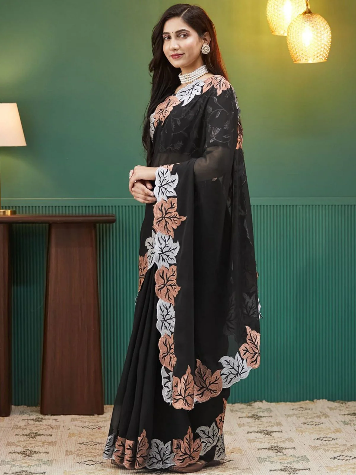 Odette Black Silk Blend Embroidered Solid Saree For Women - Image 3