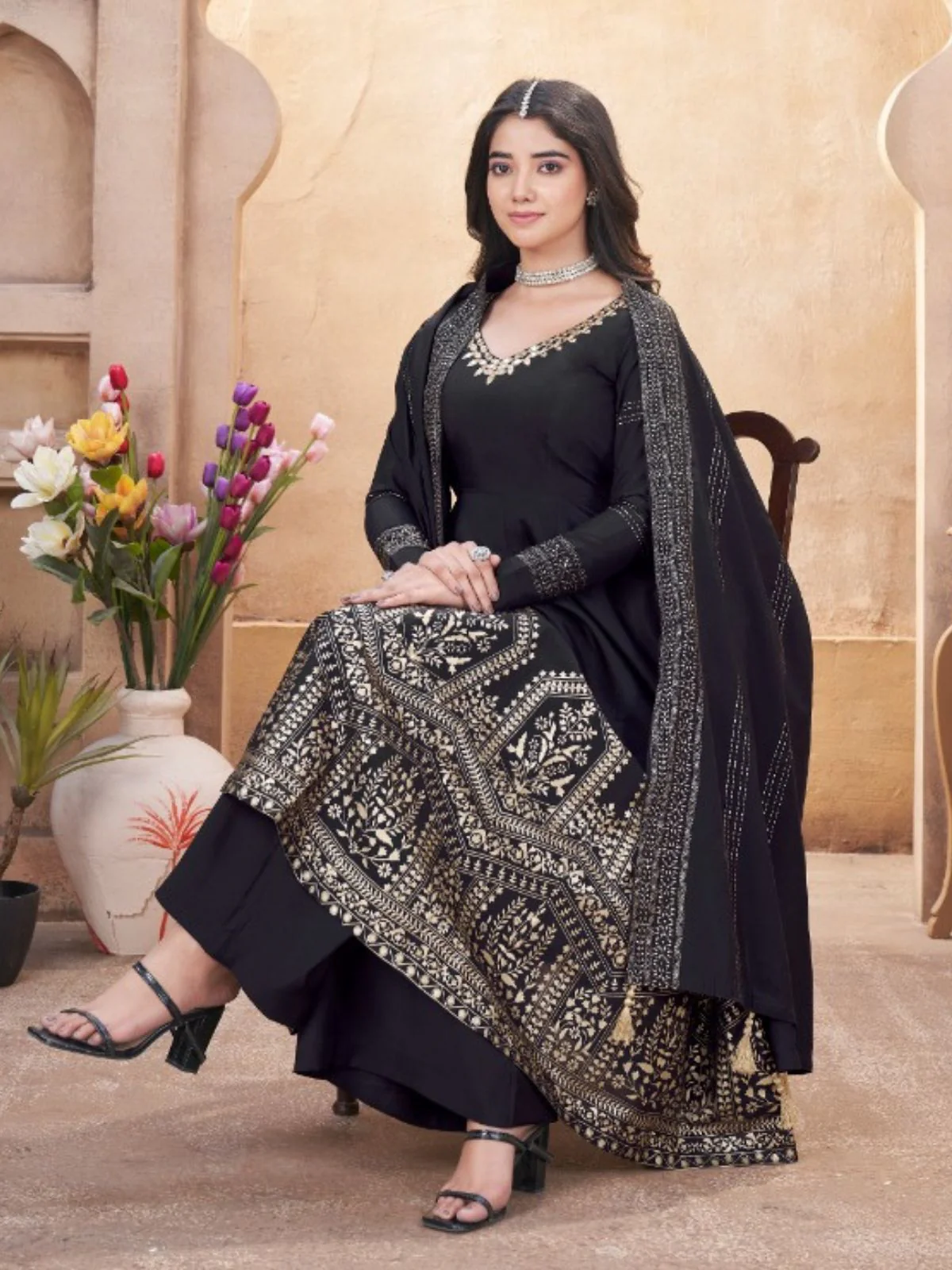 Odette Black Silk Blend Embroidered Stitched Kurta Set For Women - Image 2