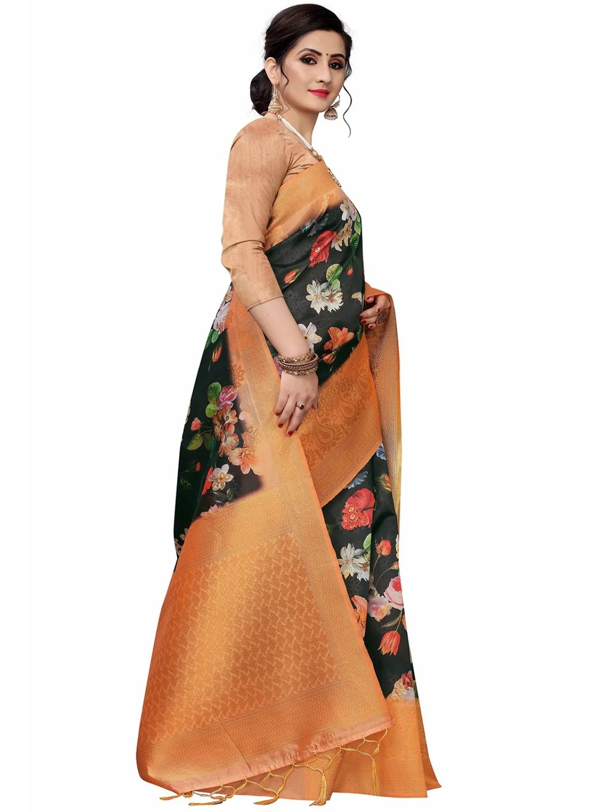 Odette Black Silk Blend Floral Printed Saree For Women - Image 2