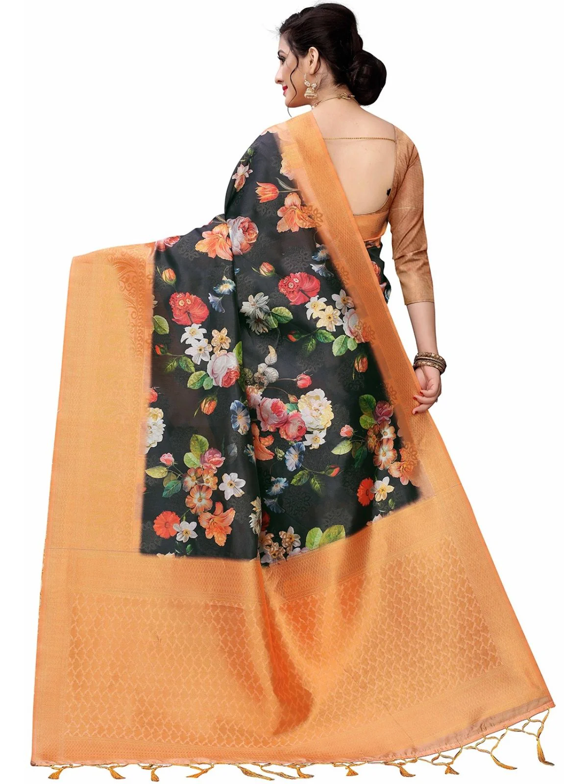 Odette Black Silk Blend Floral Printed Saree For Women - Image 3