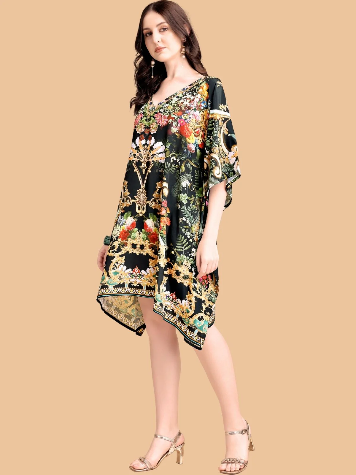 Odette Black Silk Blend Printed Kaftan For Women - Image 2