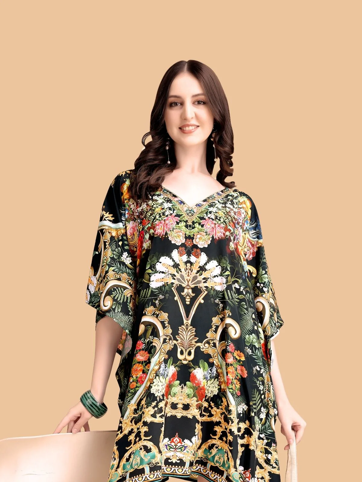 Odette Black Silk Blend Printed Kaftan For Women - Image 4