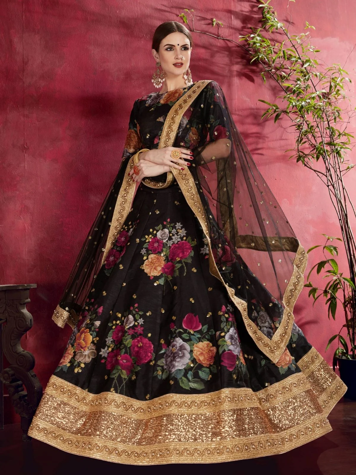 Odette Black Silk Blend Printed Semi Stitched Lehenga With Blouse For Women - Image 2