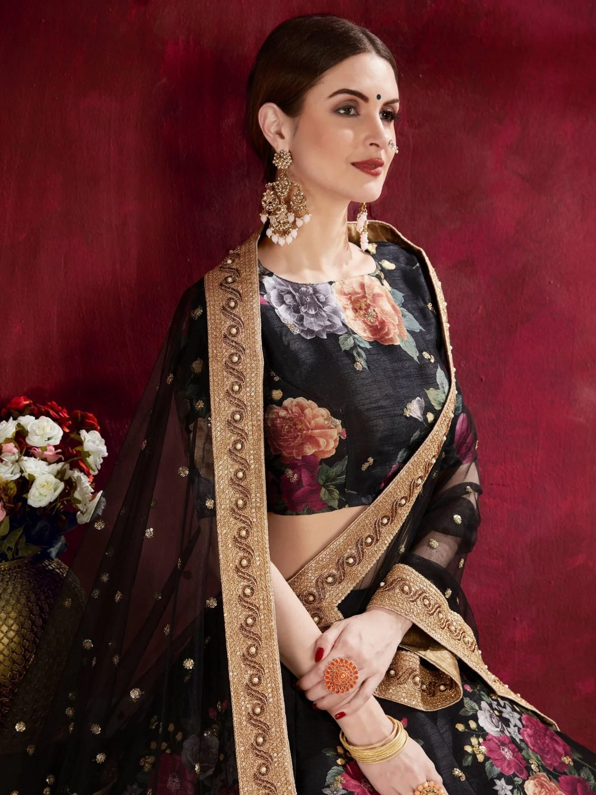 Odette Black Silk Blend Printed Semi Stitched Lehenga With Blouse For Women - Image 3