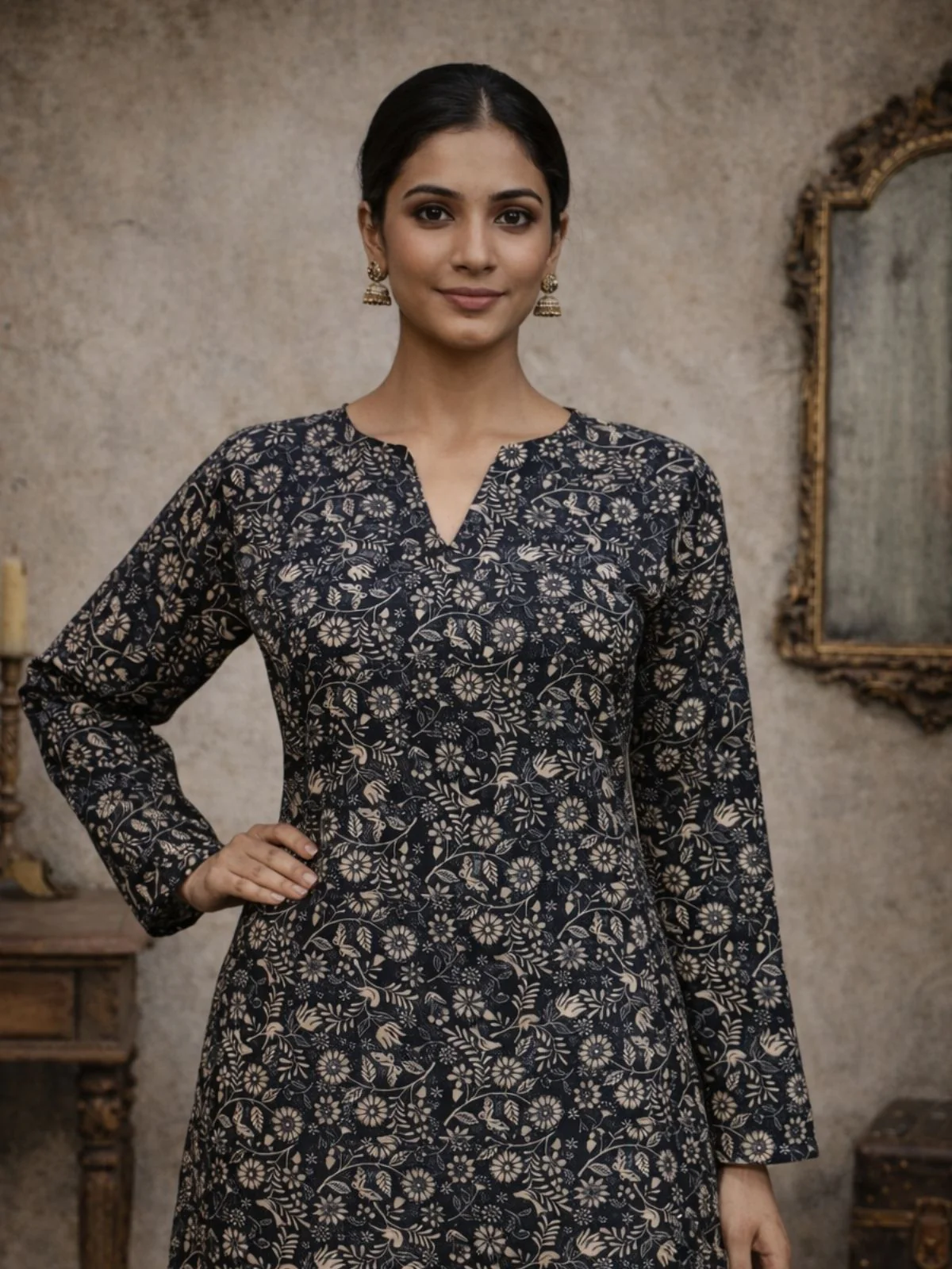 Odette Black Silk Blend Printed Solid Kurti For Women - Image 4