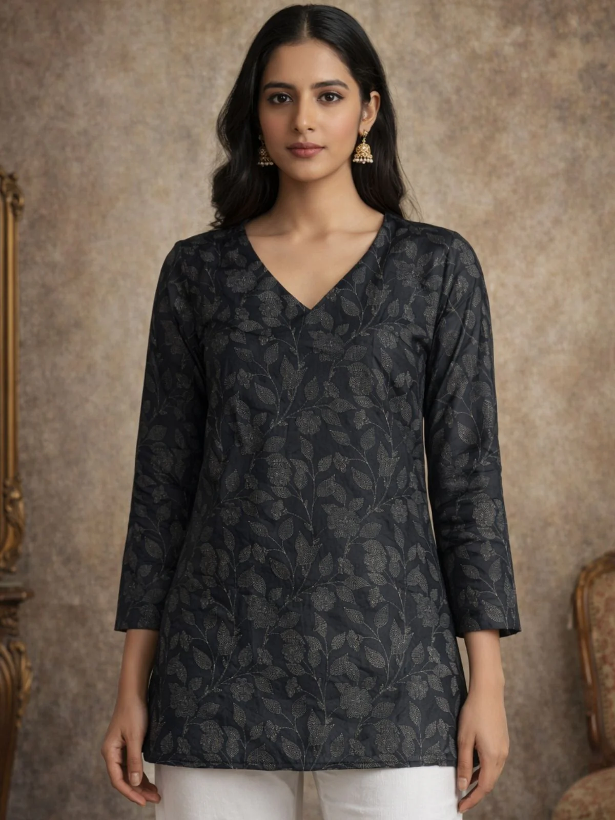 Odette Black Silk Blend Printed Solid Kurti For Women - Image 4