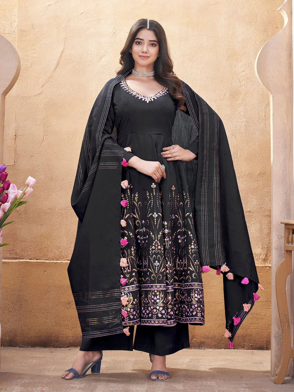 Odette Black Silk Blend Printed Stitched Kurta Set For Women - Image 2