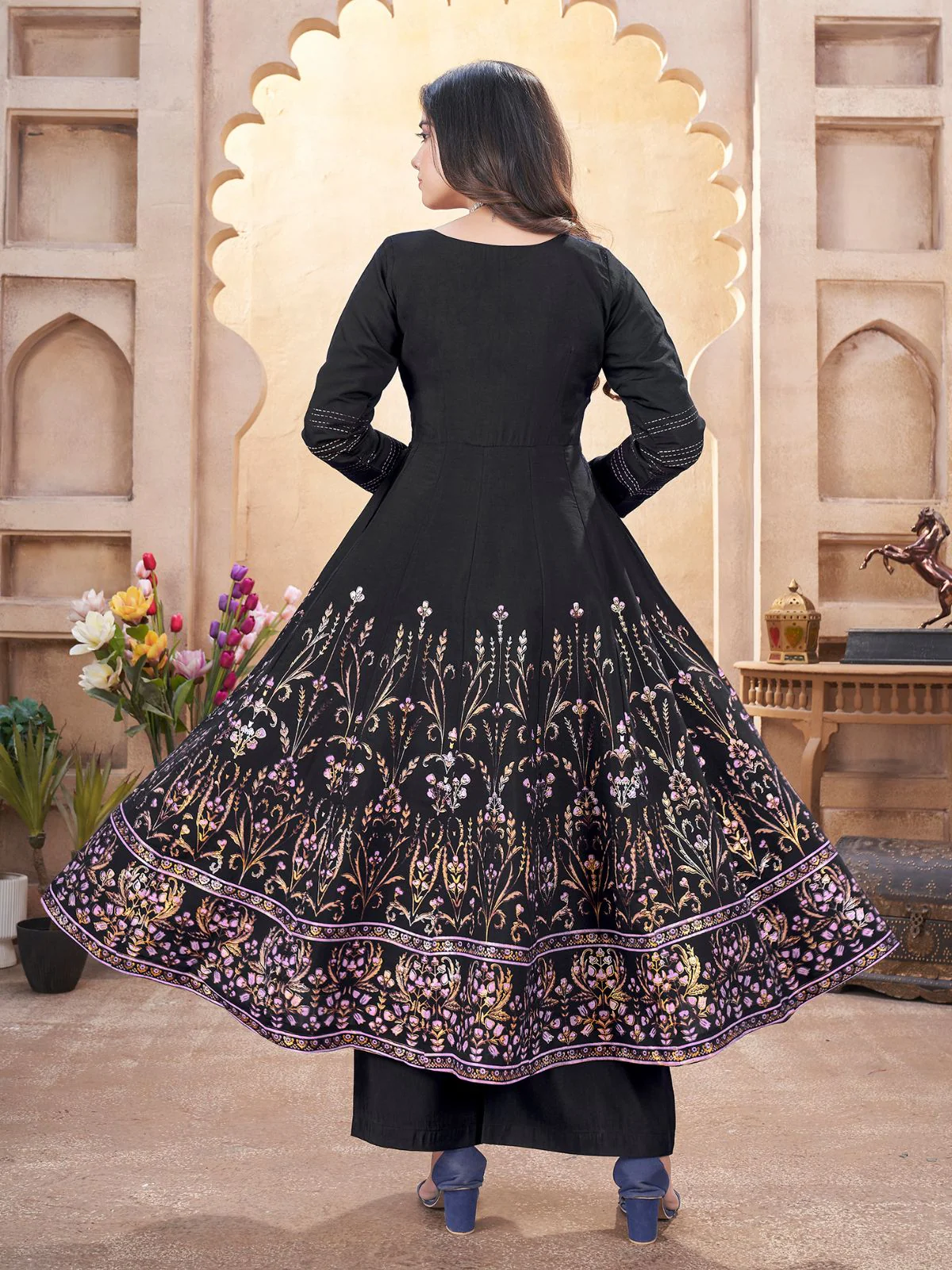 Odette Black Silk Blend Printed Stitched Kurta Set For Women - Image 3