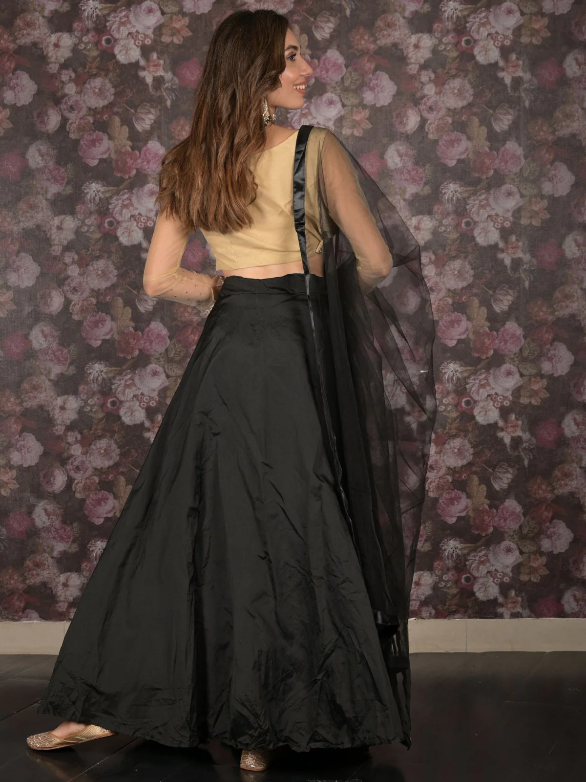Odette Black Silk Blend Semi-Stitched Lehenga with Unstitched Blouse for Women - Image 4