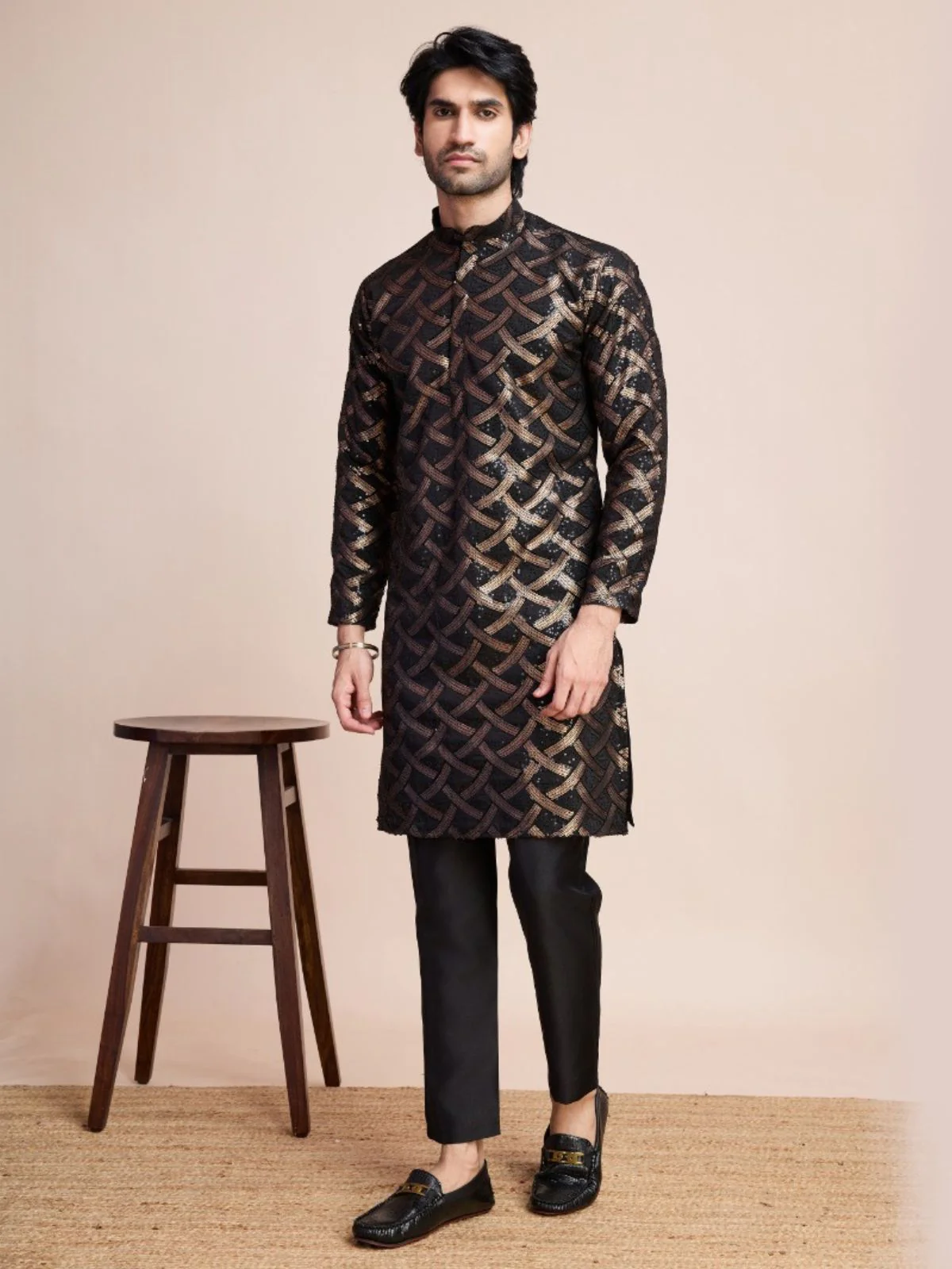 Odette Black Silk Blend Sequins Stitched Kurta For Men
