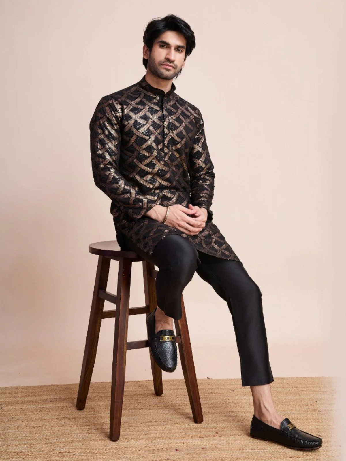 Odette Black Silk Blend Sequins Stitched Kurta For Men - Image 2